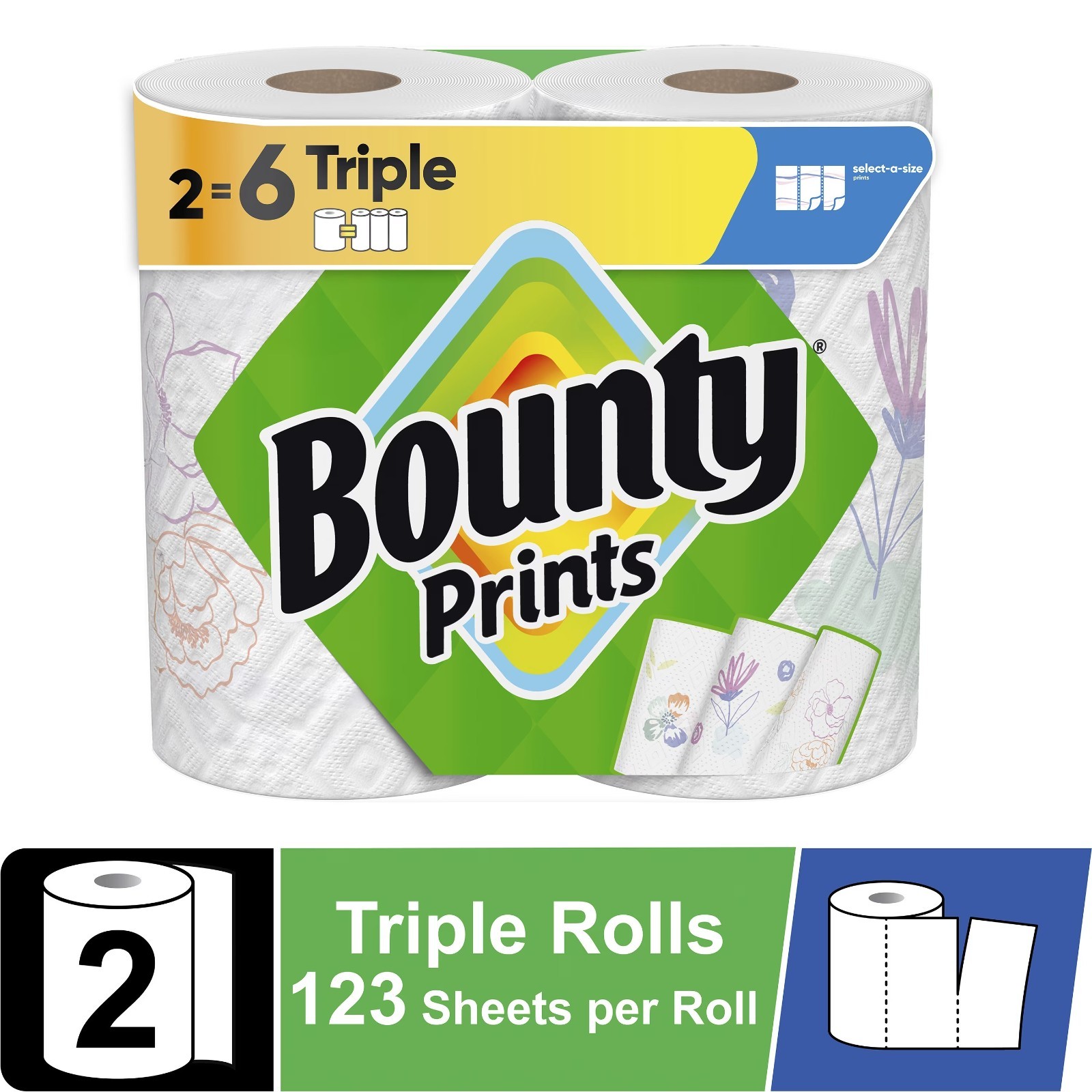 Bounty Paper Towels Select-A-Size Print, 2 Triple Rolls, 123 Sheets per Roll