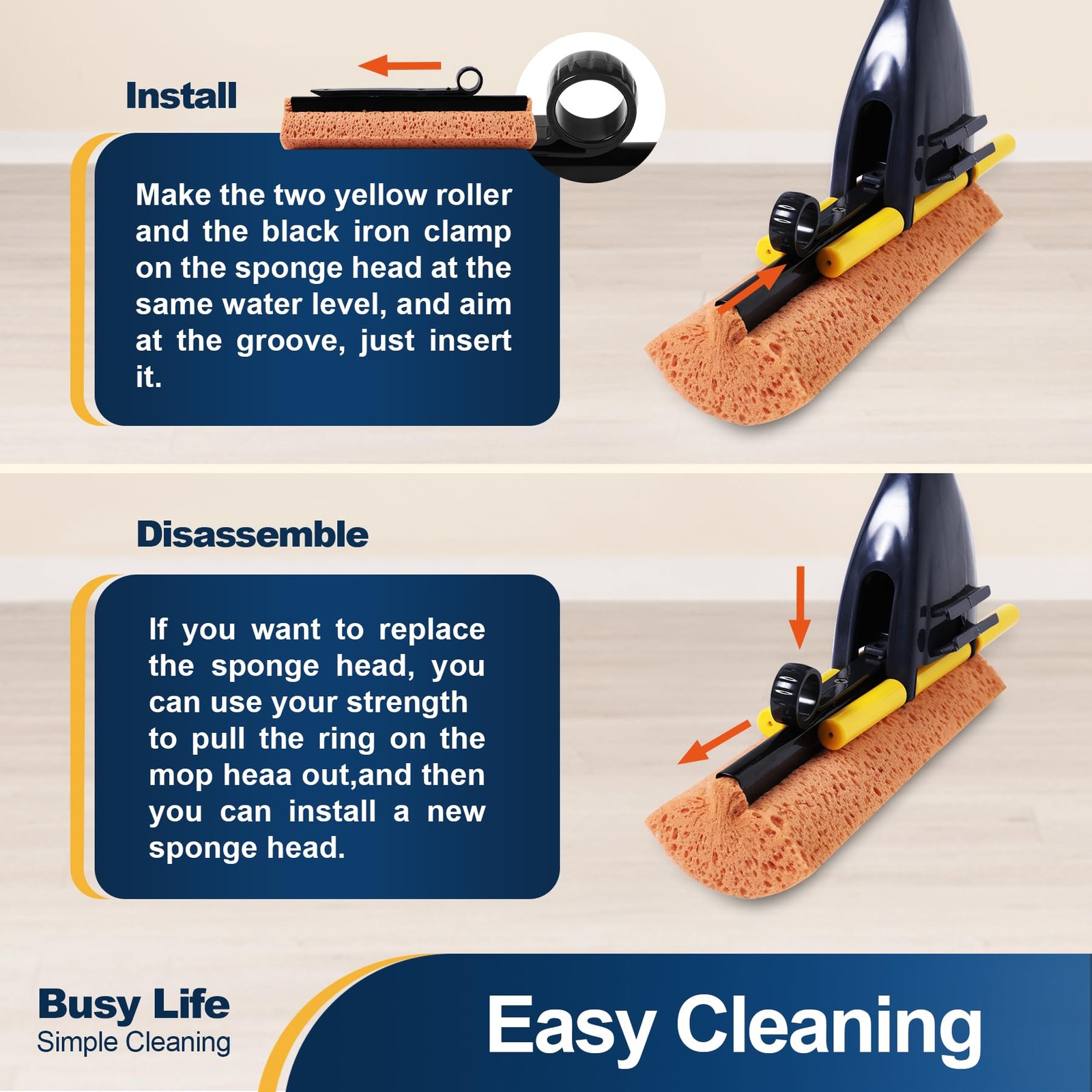 Yocada Sponge Mop Home Commercial Use Tile Floor Bathroom Garage Cleaning wit…