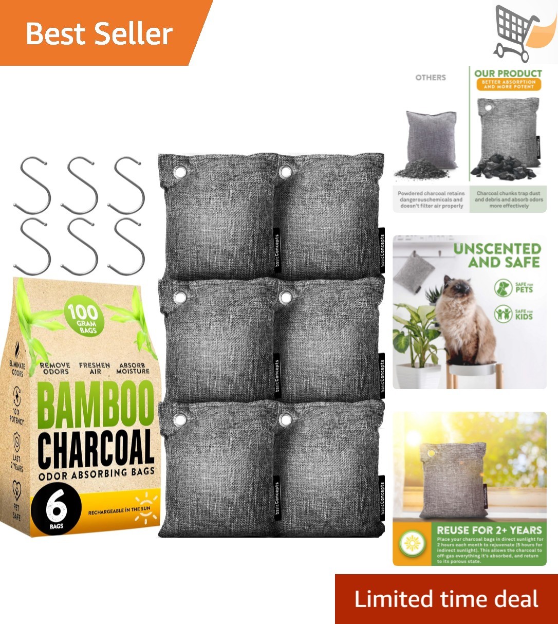 Charcoal Odor Absorber 6 Pack 100g Bamboo Air Purifying Bag for Basement Closet