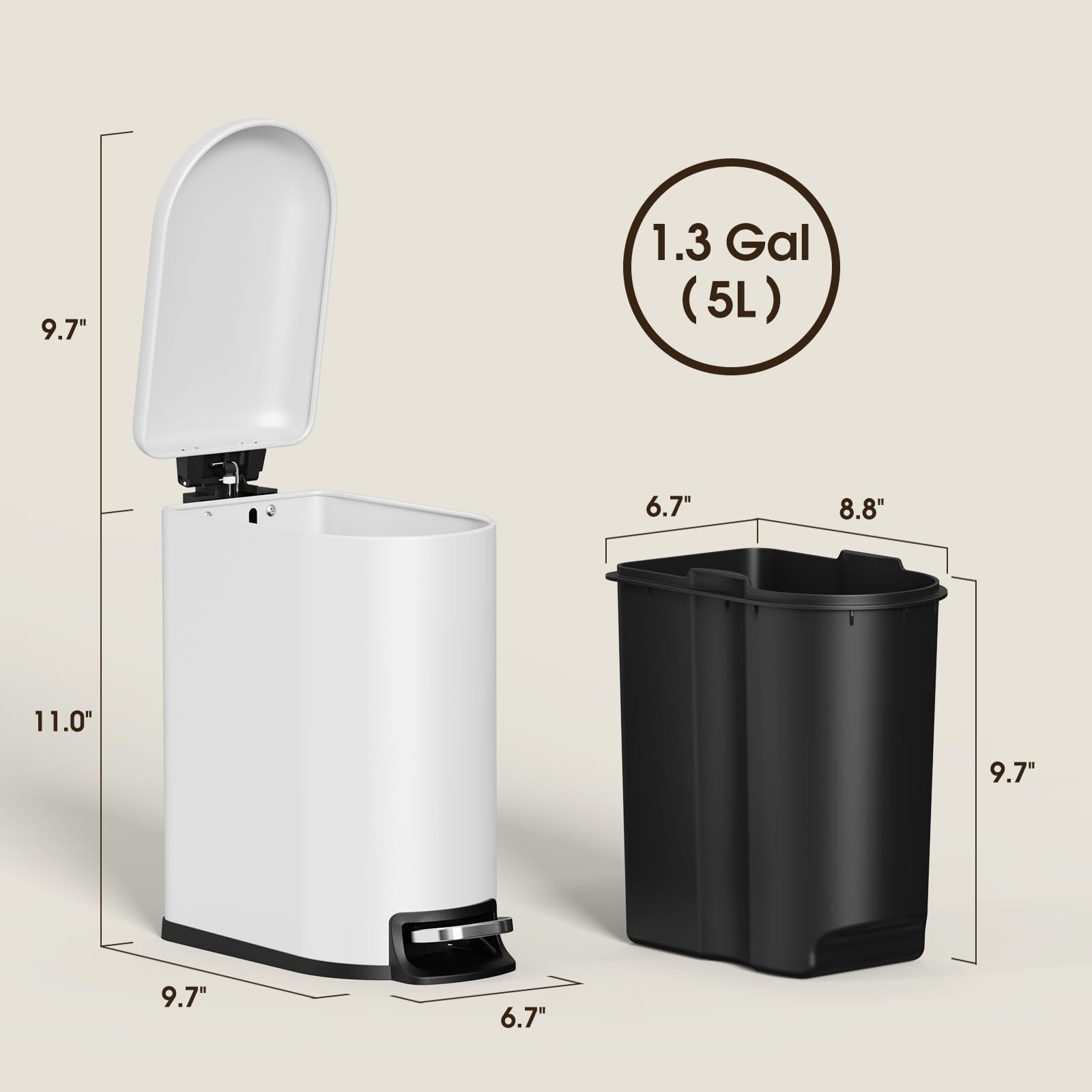 White 5L/1.3 Gallon Small Bathroom Trash Can With Lid Slim Stainless Steel