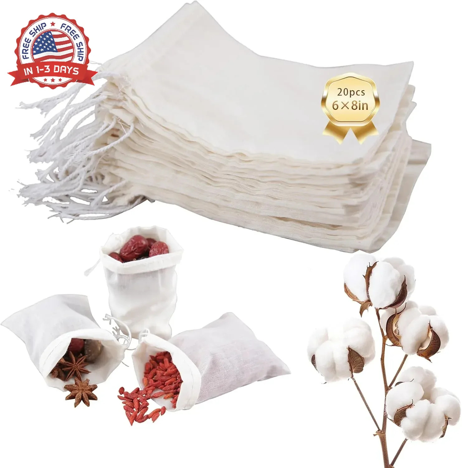 20pcs Muslin Bags with Drawstring,6×8 Inch White Spice Bags,Safe and Natural Cot