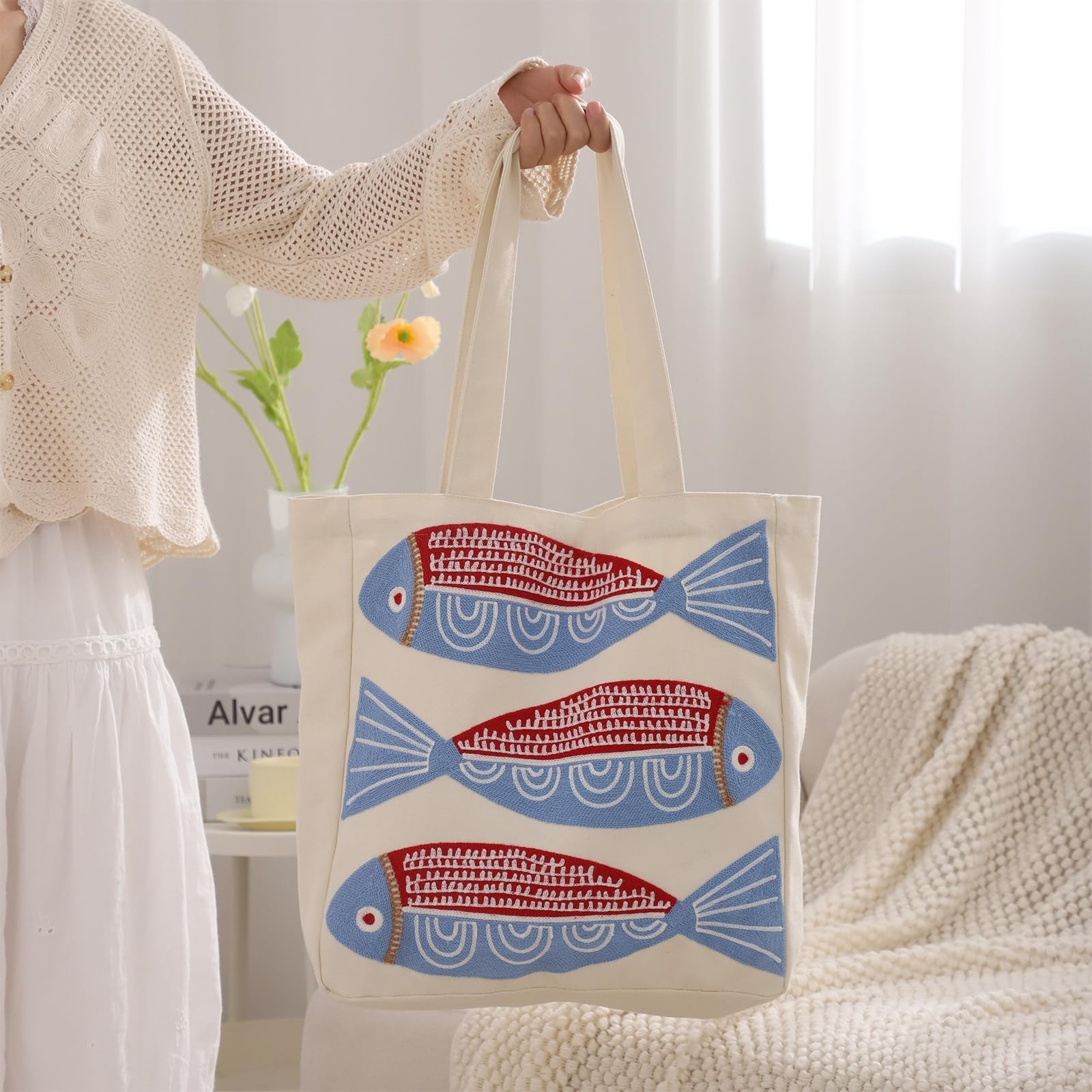 Ocean-Themed Embroidery Tote Bag for Summer Canvas Beach Bag with Magnetic Bu…