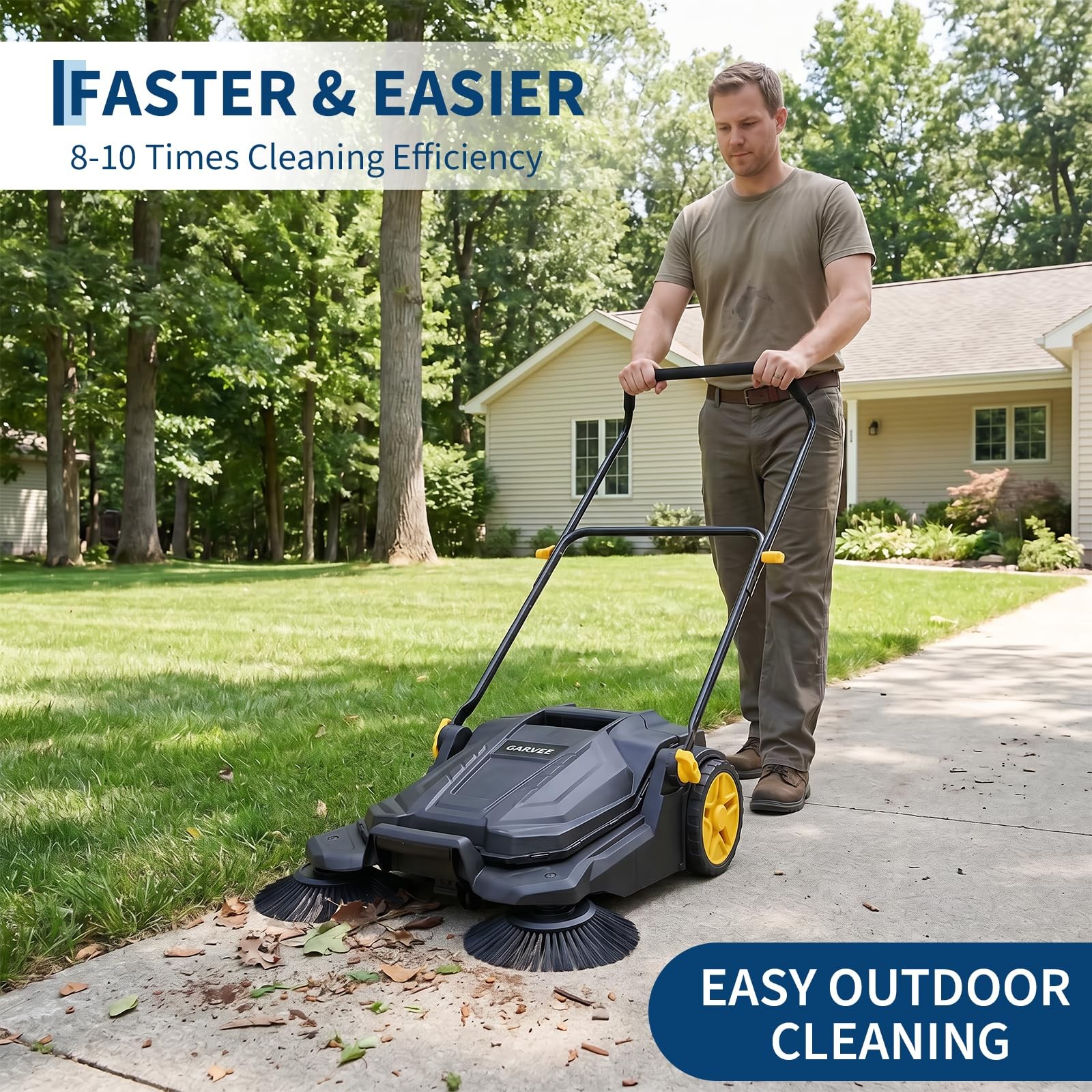 New Floor Sweeper Walk Behind Hand Push 25.6 Inch Width 5 Gal Waste Container