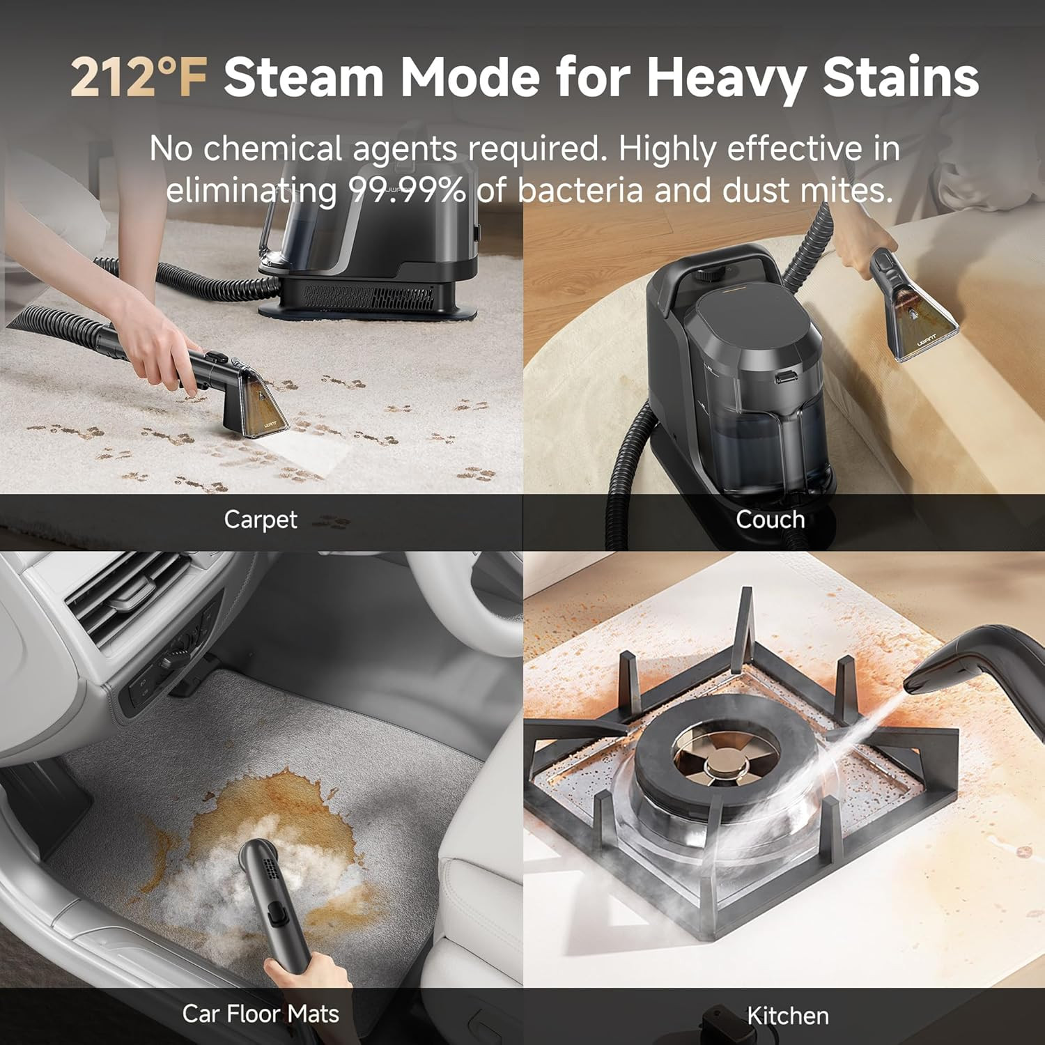 Carpet Cleaner Machine with Steam&Hot&Cold Water System 18Kpa Powerful Suction U