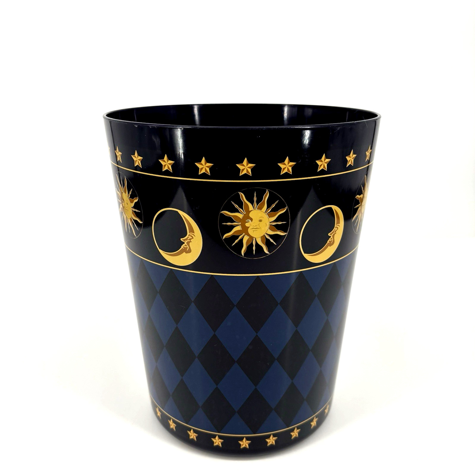 Celestial Night Sky Waste Basket Trash-Can Moon Star Sun Navy Blue VTG