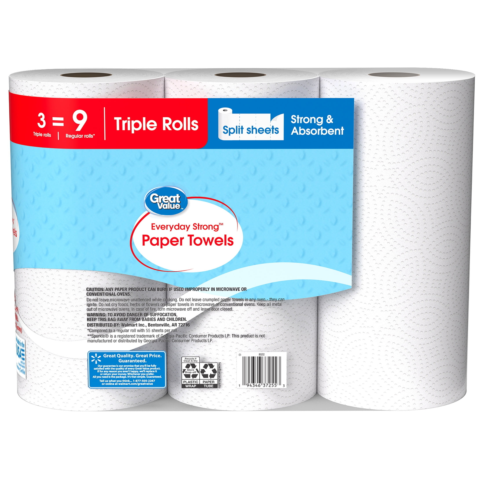 Everyday Strong Paper Towels, Split Sheets,3 Triple Rolls, Compare to Sparkle®