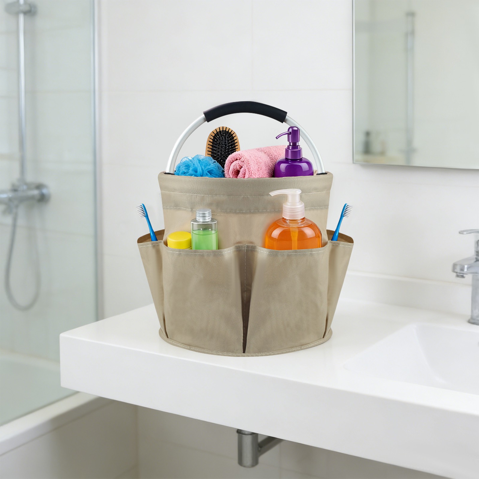Foldable Storage Basket With Six Side Pockets And Large Central Compartment