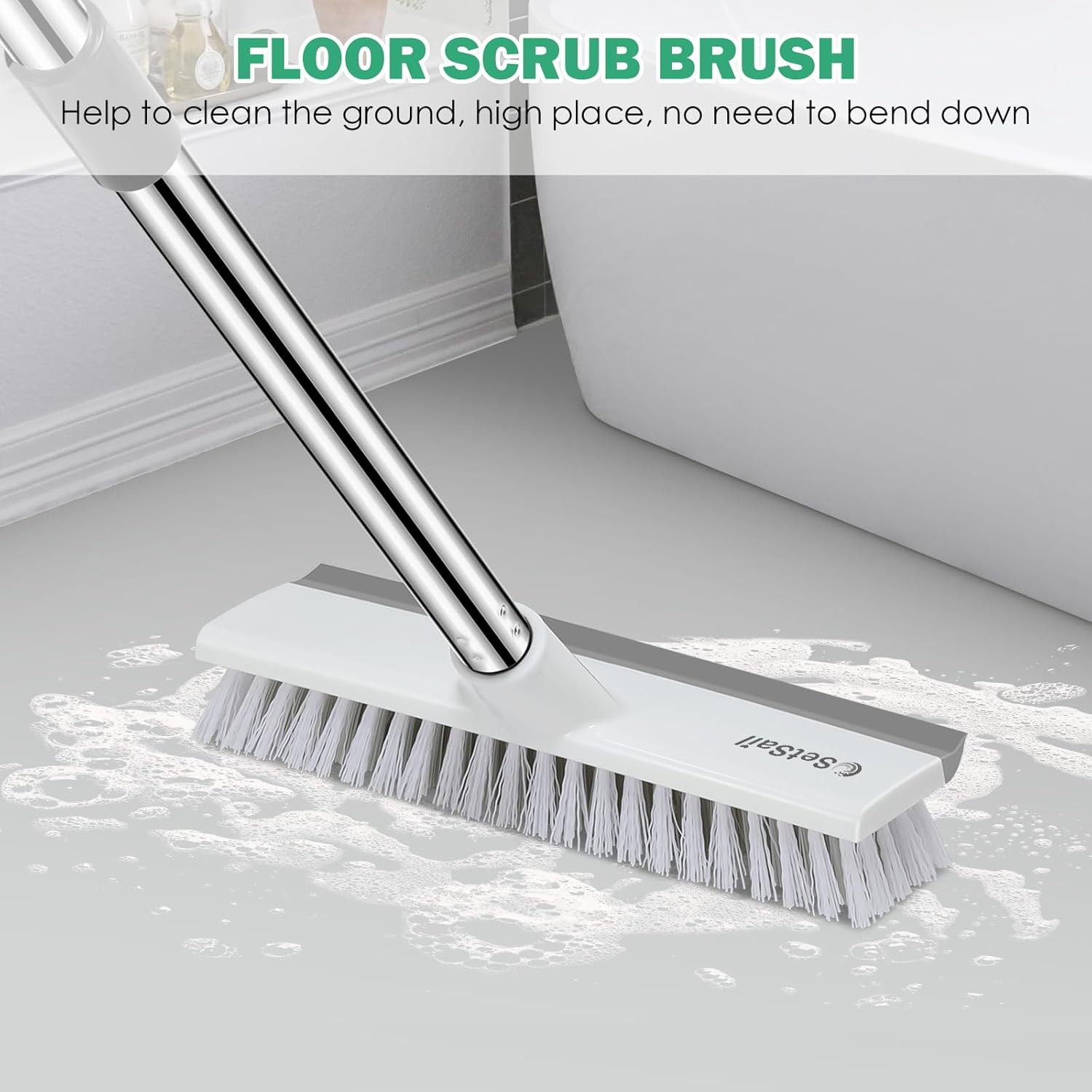 Floor Scrub Brush with 51-Inch Long Adjustable Handle 2 in 1 Scrape Brush Stiff