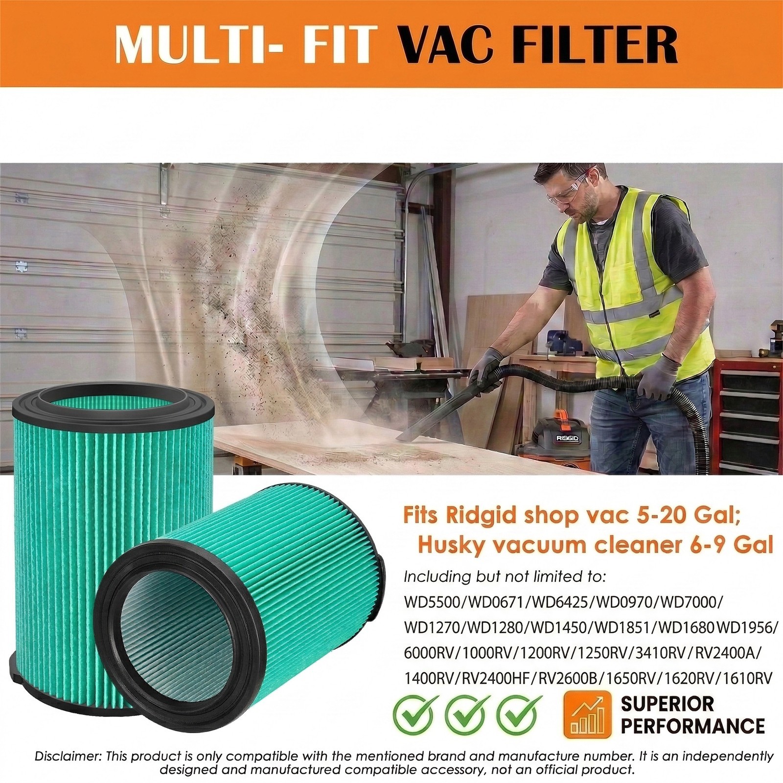 2Pack VF6000 5-Layer Filter Fits Ridgid Shop Vac 5-20 Gal Wet Dry Vacuums