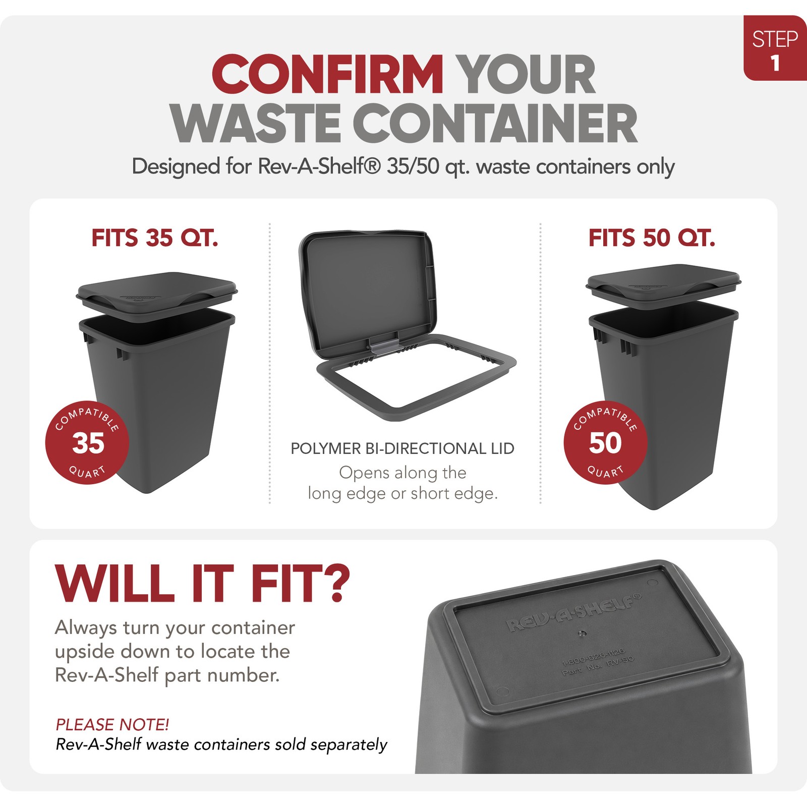 Rev-A-Shelf Kitchen Waste Container & Trash Can Lid, Fits 35 & 50 Qt, Gray