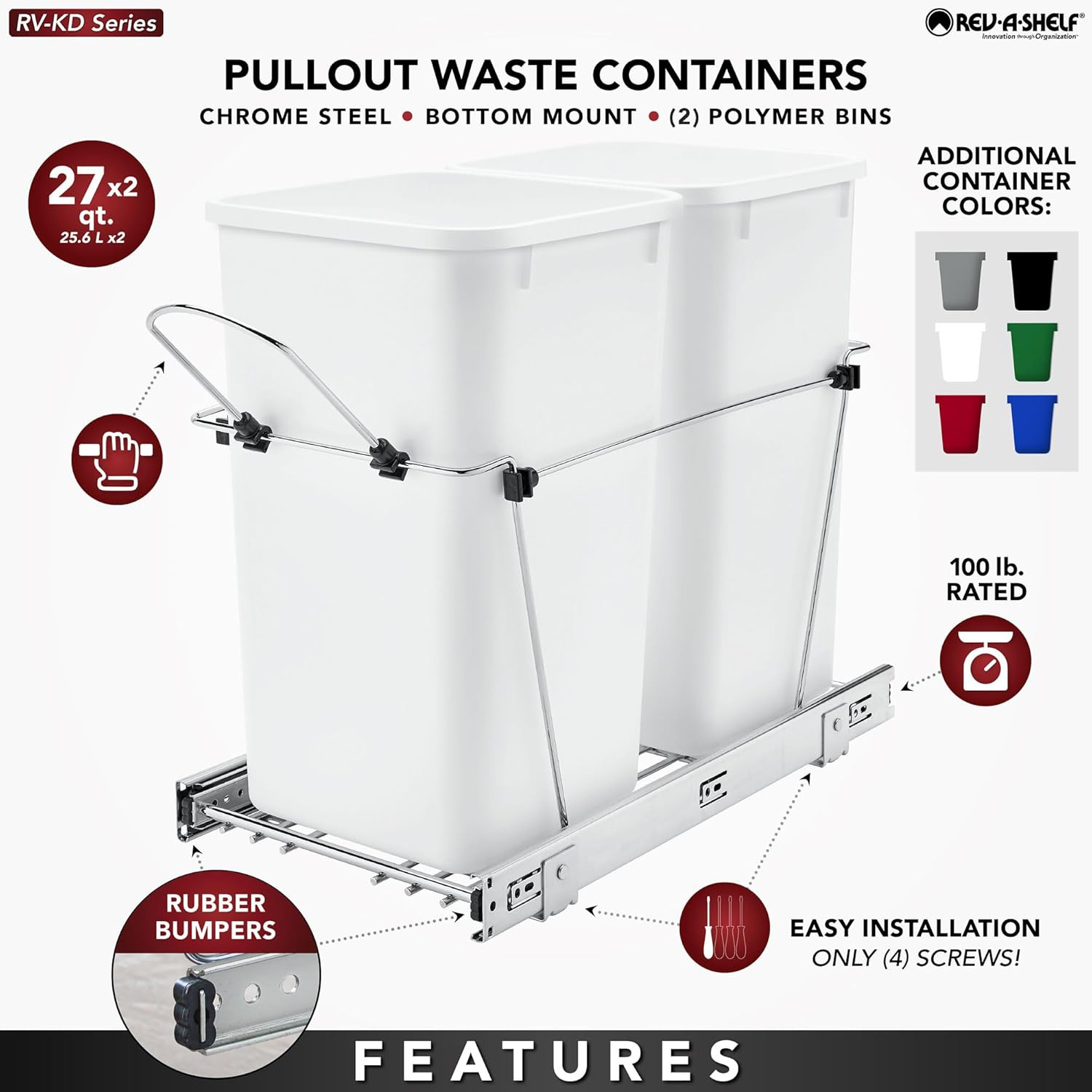 Pullout Trash Can for Kitchen Cabinets 27 Qt 12 Gallon Garbage Waste Recycling B