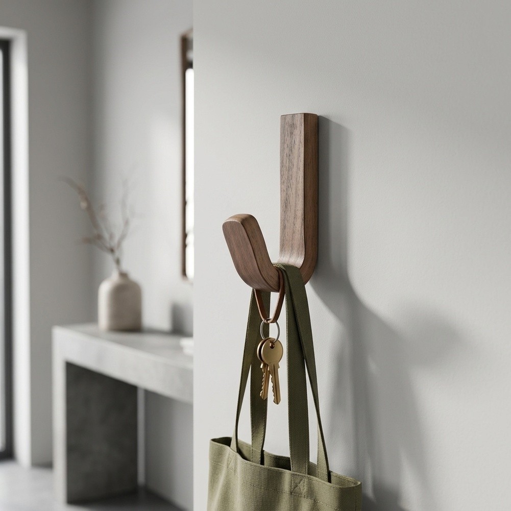 Walnut Wood Wall Hooks Easy Install No Tools 3.5 cm by 6.5 cm Dimensions