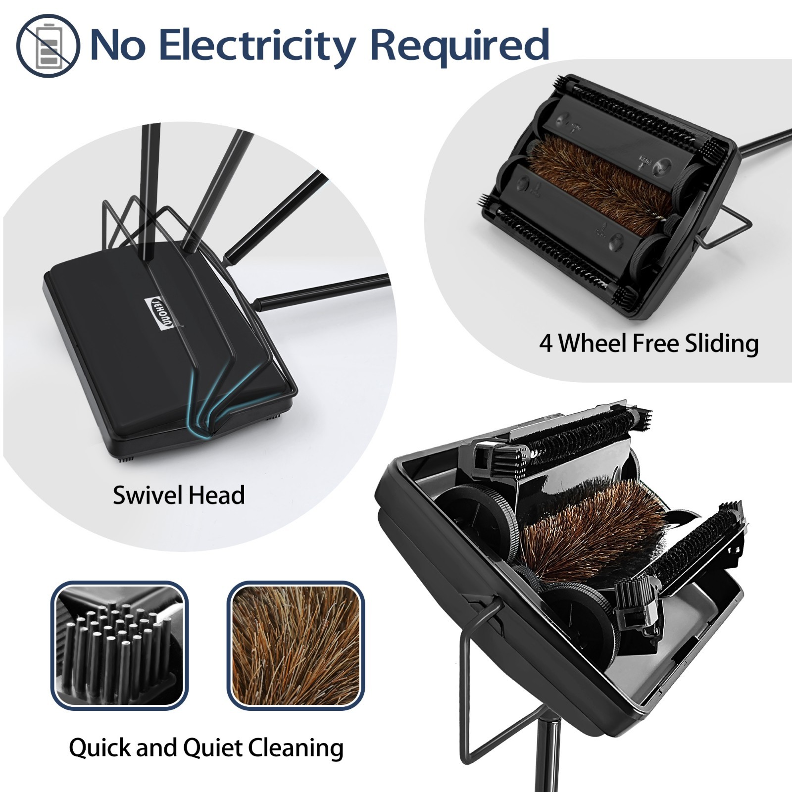 Carpet Floor Sweeper with Horsehair, Non Electric Manual Sweeping (Black)