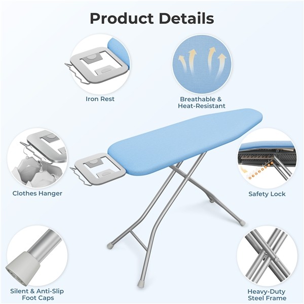 Foldable Height-adjustable Ironing Board with 4 Legs for Laundry, Living Room