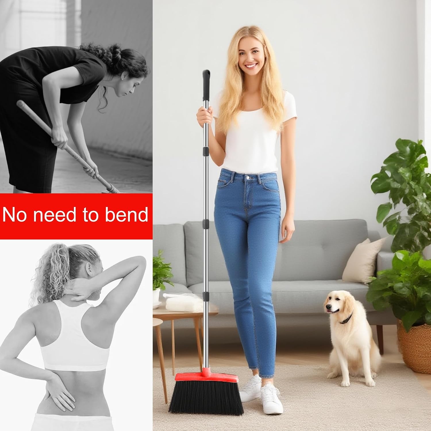 Long Handle Broom & Dustpan Set, Self-Cleaning Teeth, Heavy Duty Indoor/Outdoor