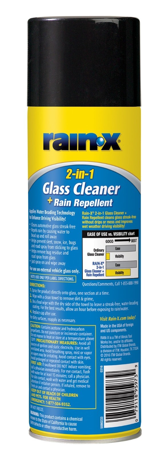 (4 Pack) Rain-X 2 in 1 Glass Cleaner & Rain Repellent Aerosol 18 oz 5080233W New