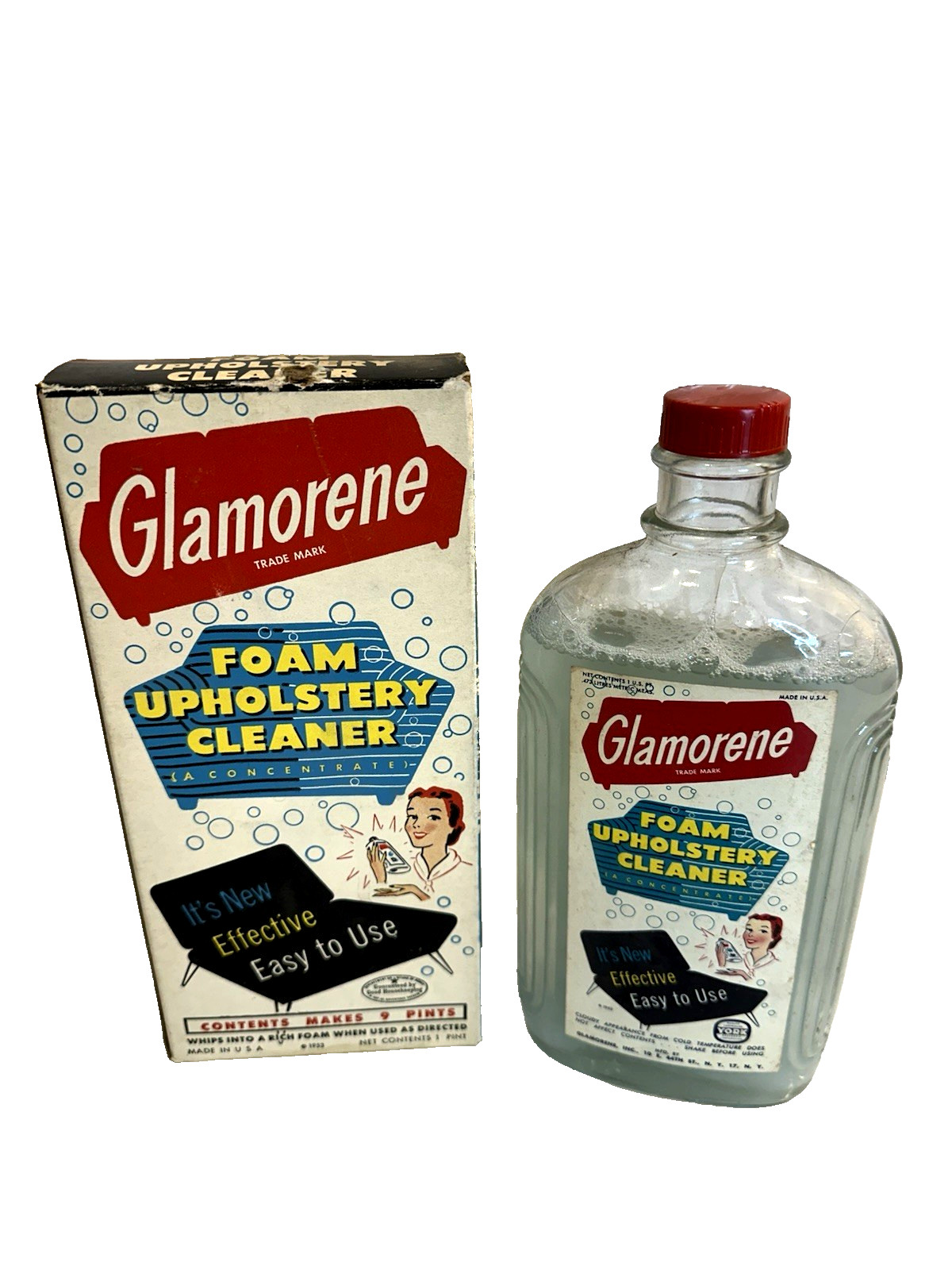 Vtg 1953 Glamorene Foam Upholstery Cleaner 1 Pint Glass Bottle 90% Full w Box