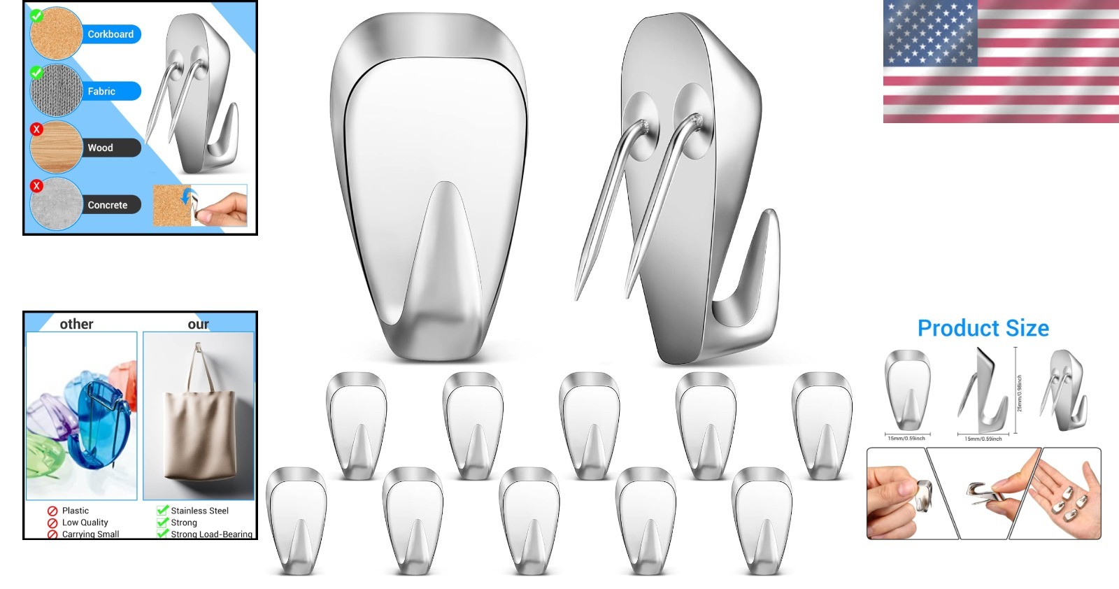 10 Durable Silver Cubicle Hooks – 40 lbs Capacity Picture Hangers, Rust-Proof