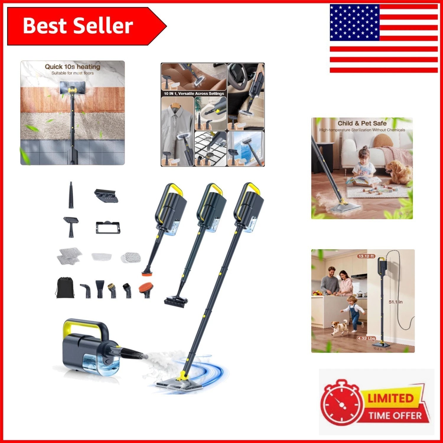 Effortless 10-in-1 Steam Cleaner – 350ml Tank, 248°F for All Surface Cleaning