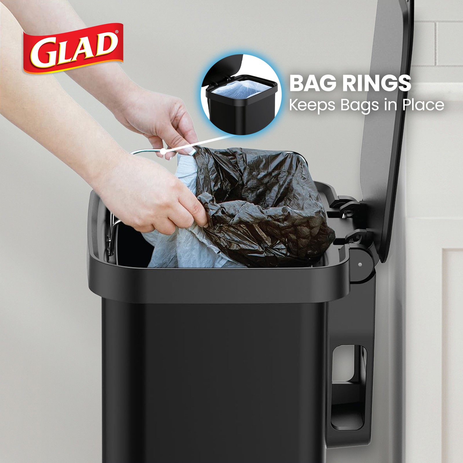 Glad Step Trash Can, Soft Close Bin w/Odor Protection, 20 Gal, Black (Open Box)