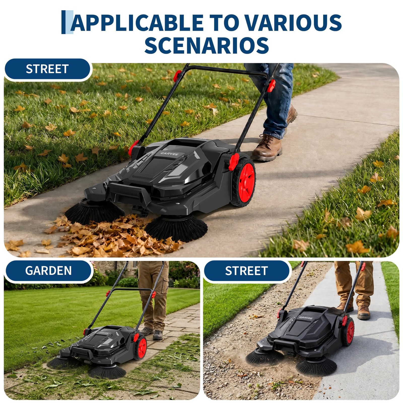 New Floor Sweeper Walk Behind Hand Push 25.6 Inch Width 5 Gal Waste Container