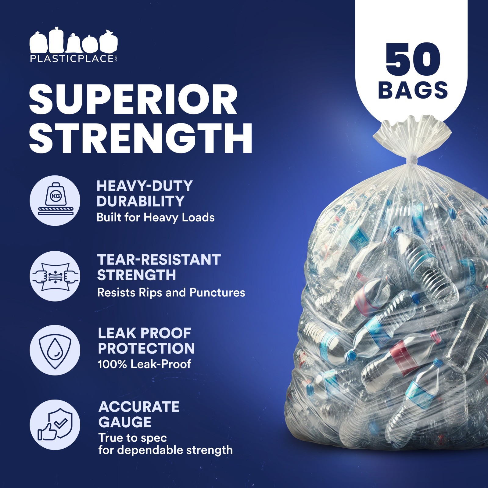 Plasticplace 95-96 Gallon Trash Bags – Clear, Case of 50 Garbage Bags
