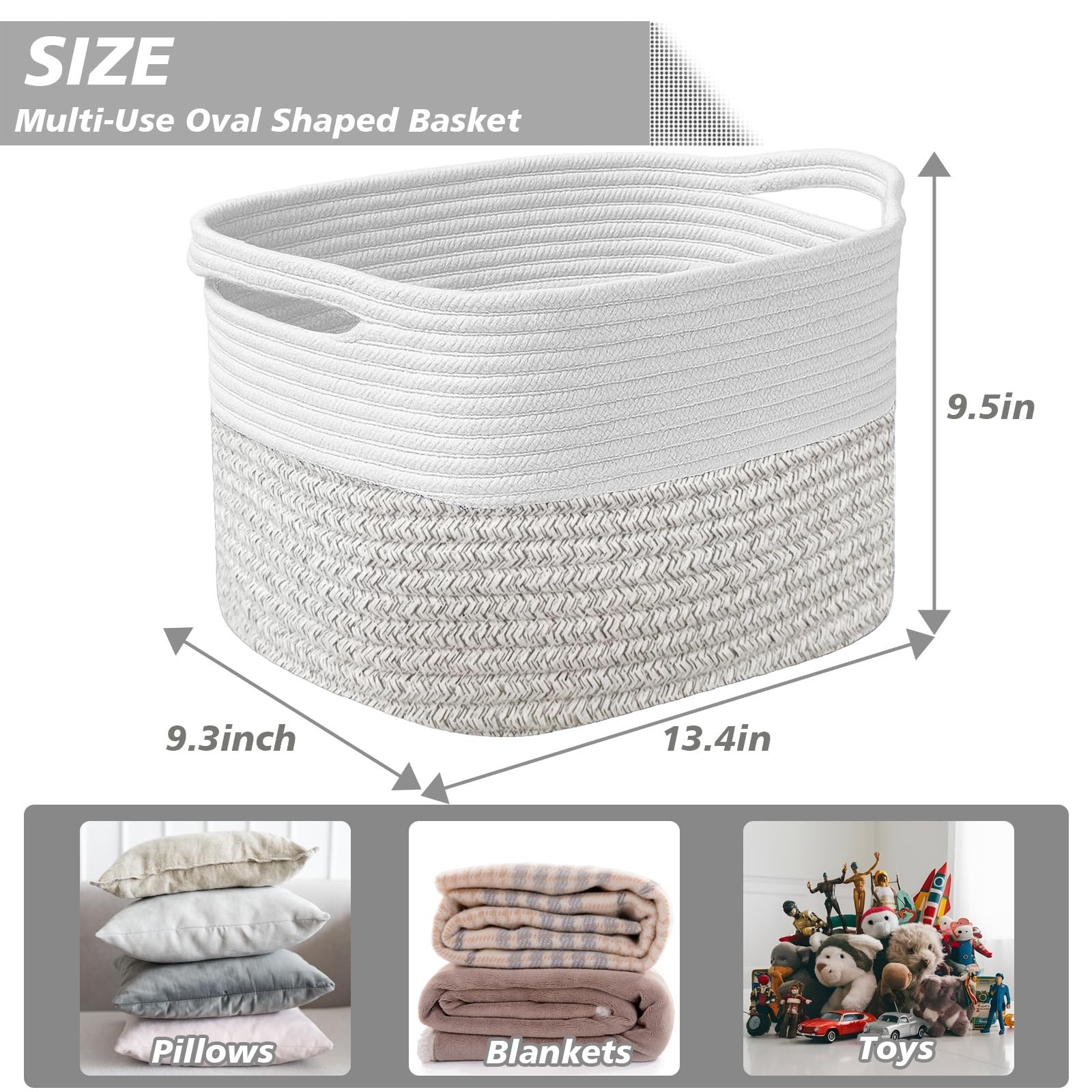 1 PCS Woven Storage Basket Cotton Rope Closet White Grey 13.4×9.3×9.5 Inch