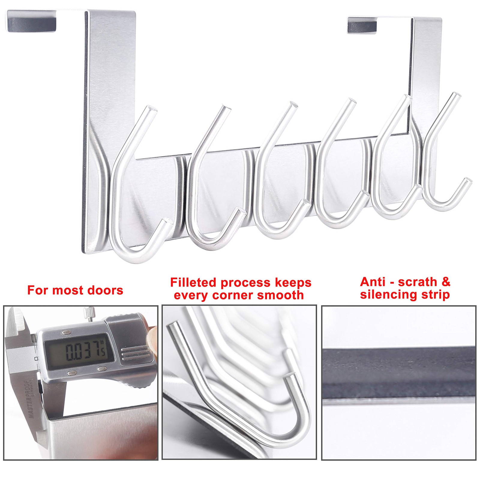 SKOLOO Over The Door Hook – 6 Hooks, No Assembly Required, 1 Pack, Silver