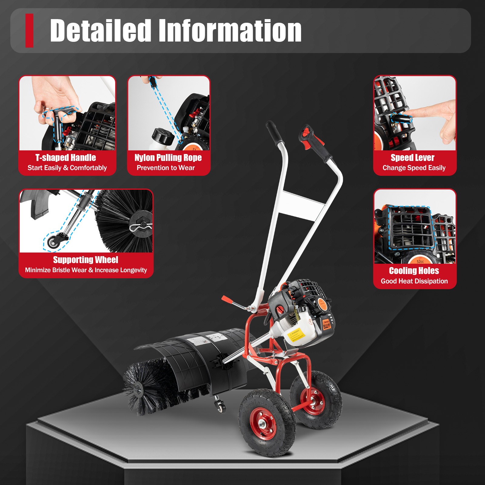 52CC Walk Behind Driveway Power Broom Snow Sweeper Artificial Grass Cleaner