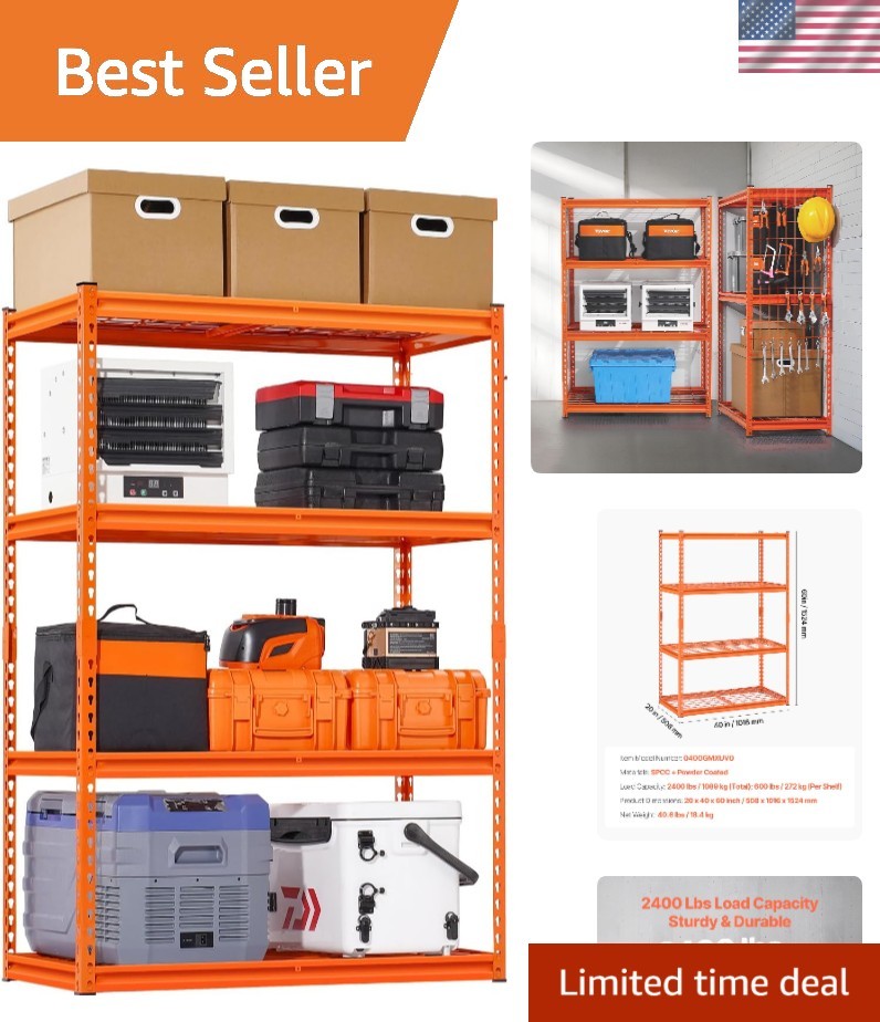 2400 lbs Capacity 4-Tier Heavy Duty Metal Shelving – Adjustable Utility Shelf
