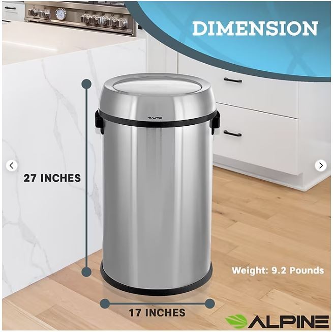 Alpine Industries Stainless Steel Trash Can with Swing Lid,17 Gal. ALP470-65L-1