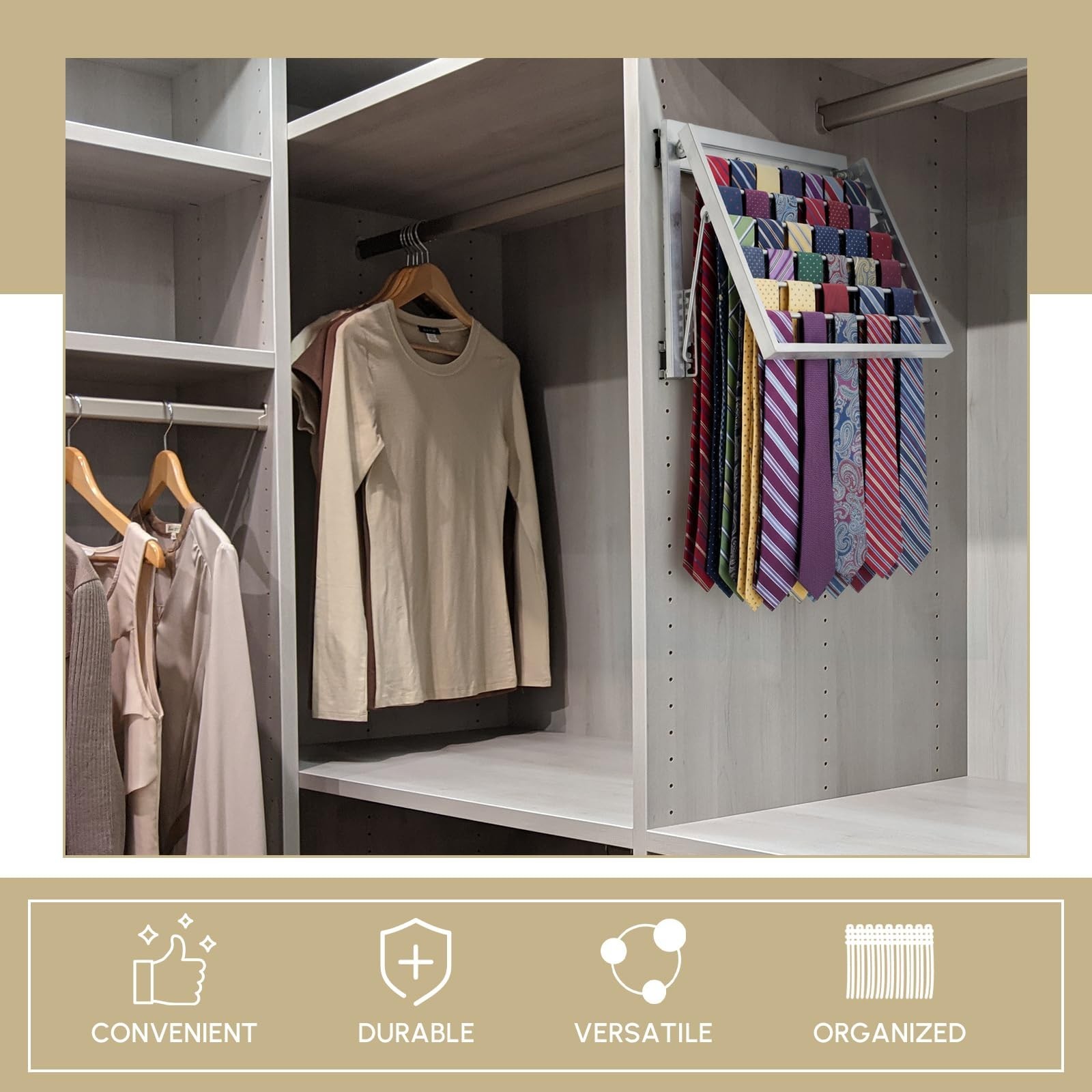 13.8″ Sliding Tie Rack & Belt Organizer – Wall Mounted Metal Hanger, Silver
