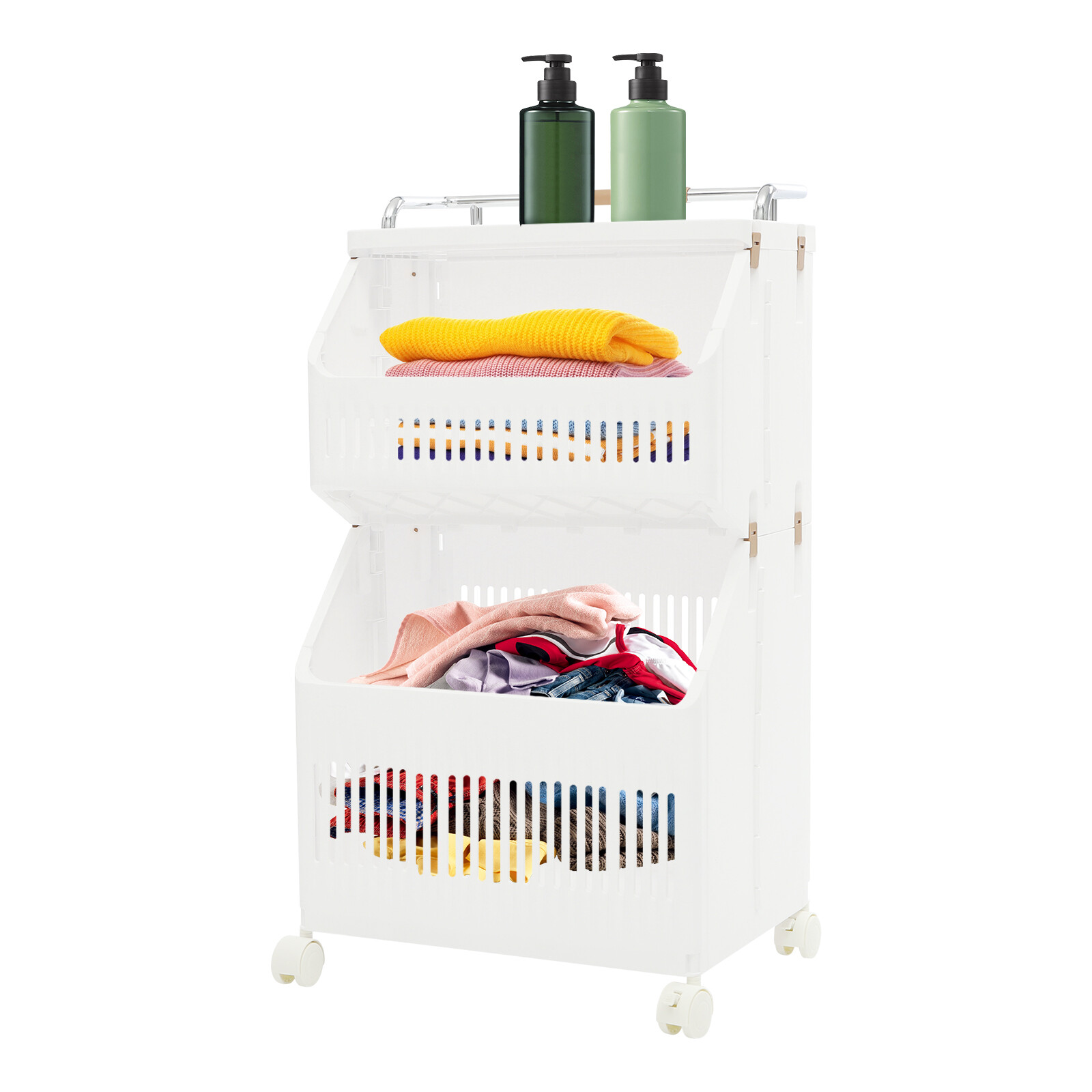 2-tier Clothes Basket Rolling Laundry Basket Collapsible Laundry Hamper Storage