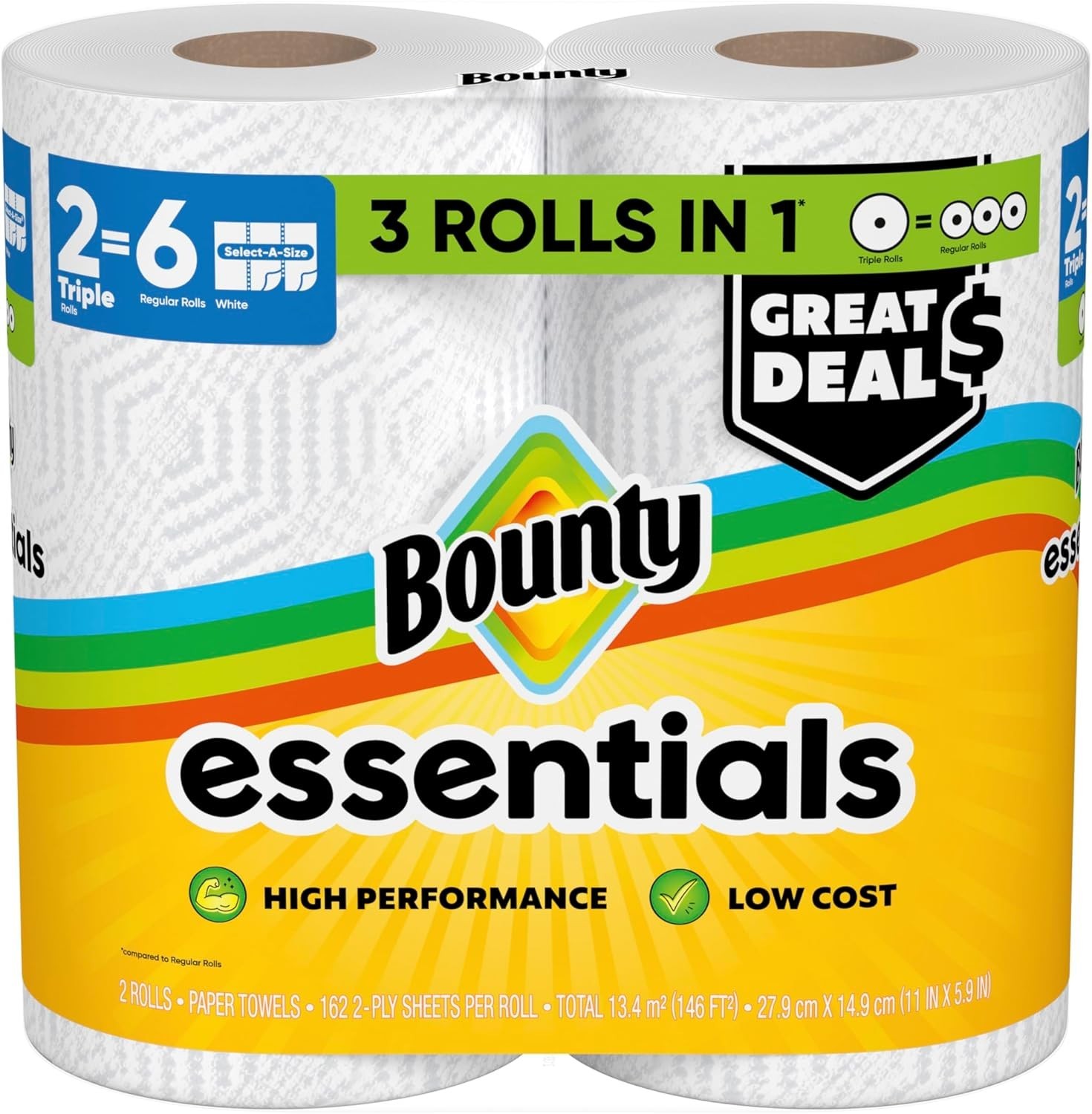 Bounty Essentials Select-A-Size Paper Towels, White, 2 Triple Rolls = 6 Regular