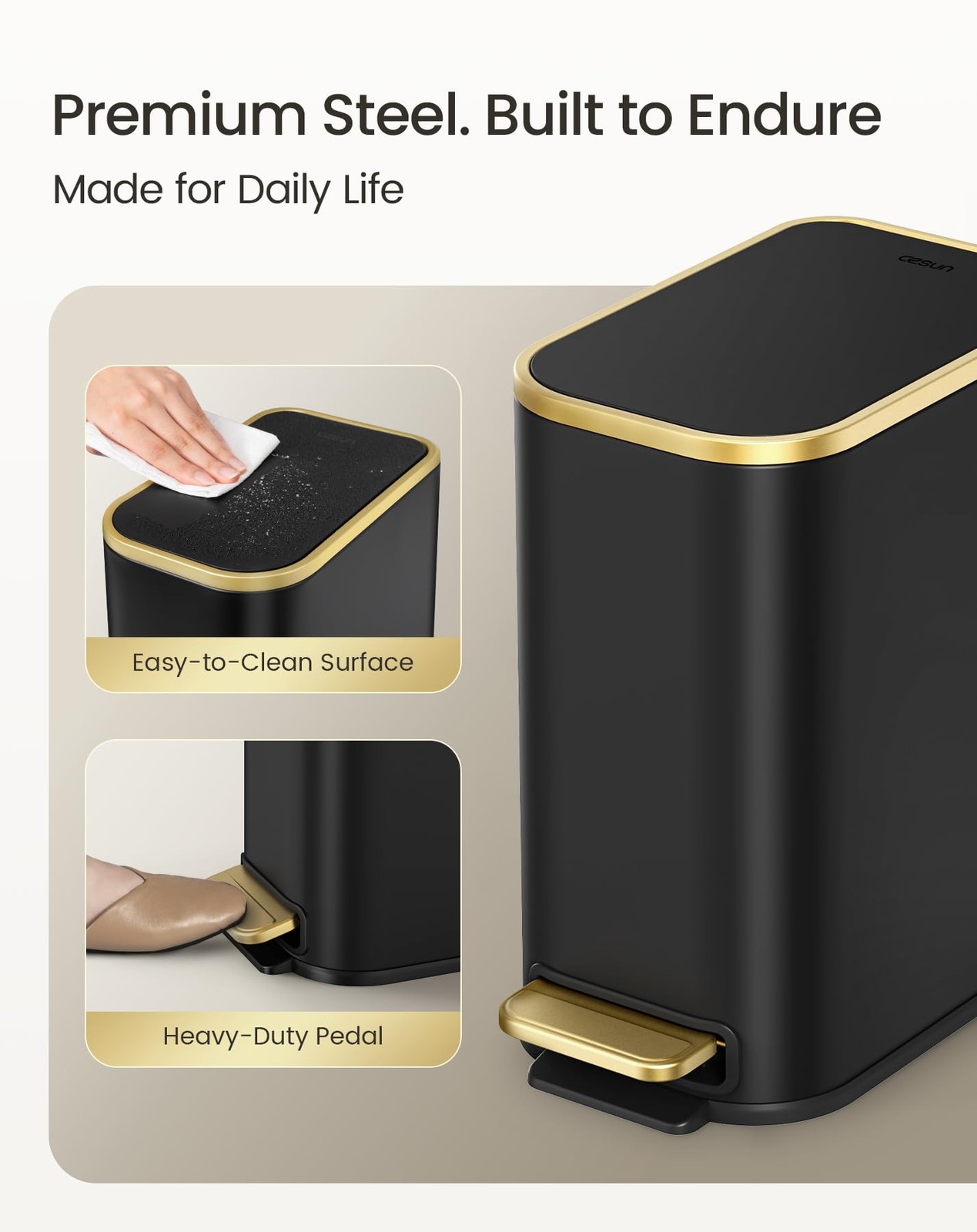 1.3 Gallon 5L Small Bathroom Trash Can with Lid Soft Close Black Gold