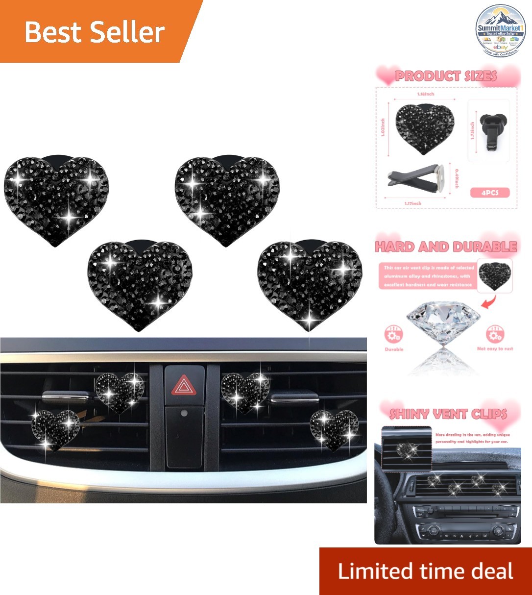 Heart-Shaped Car Vent Clips 4-Pack Black Rhinestone Air Freshener Accessories