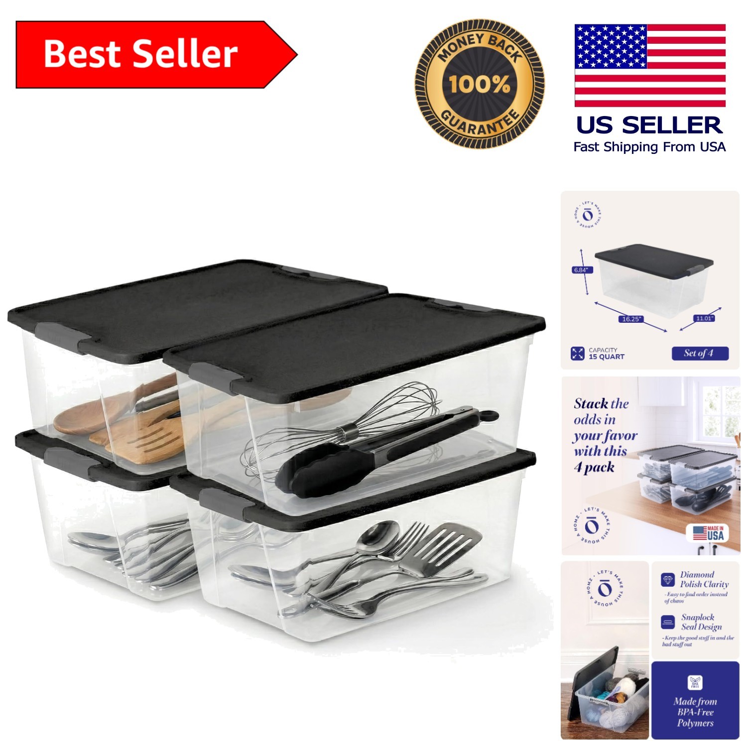 Stackable Clear Plastic Bins with Lids, 4-Pack, Shatterproof and Water Resistant