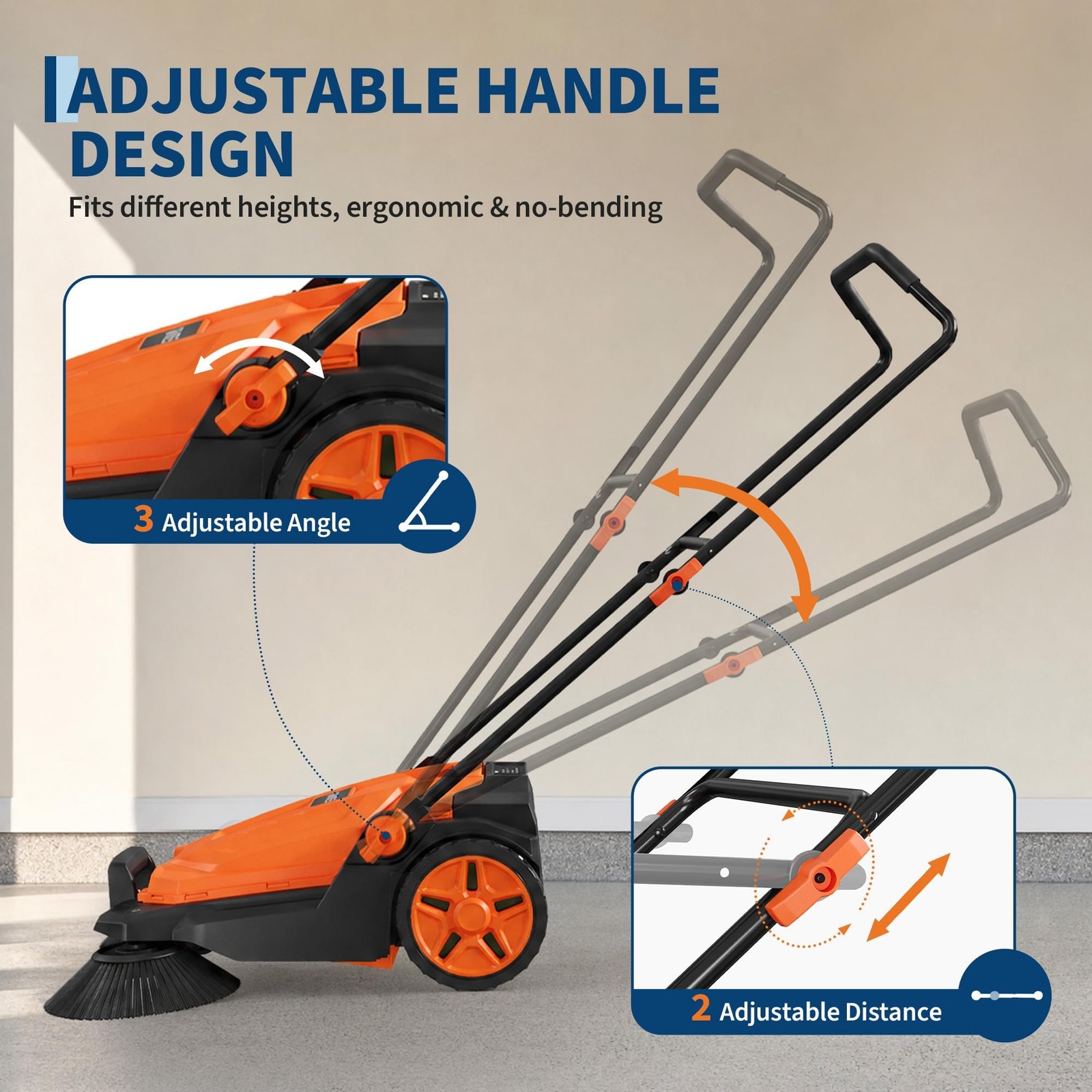 Walk-Behind Hand Push Floor Sweeper ,25.6″ Sweeping Width Manual for Patio Yard