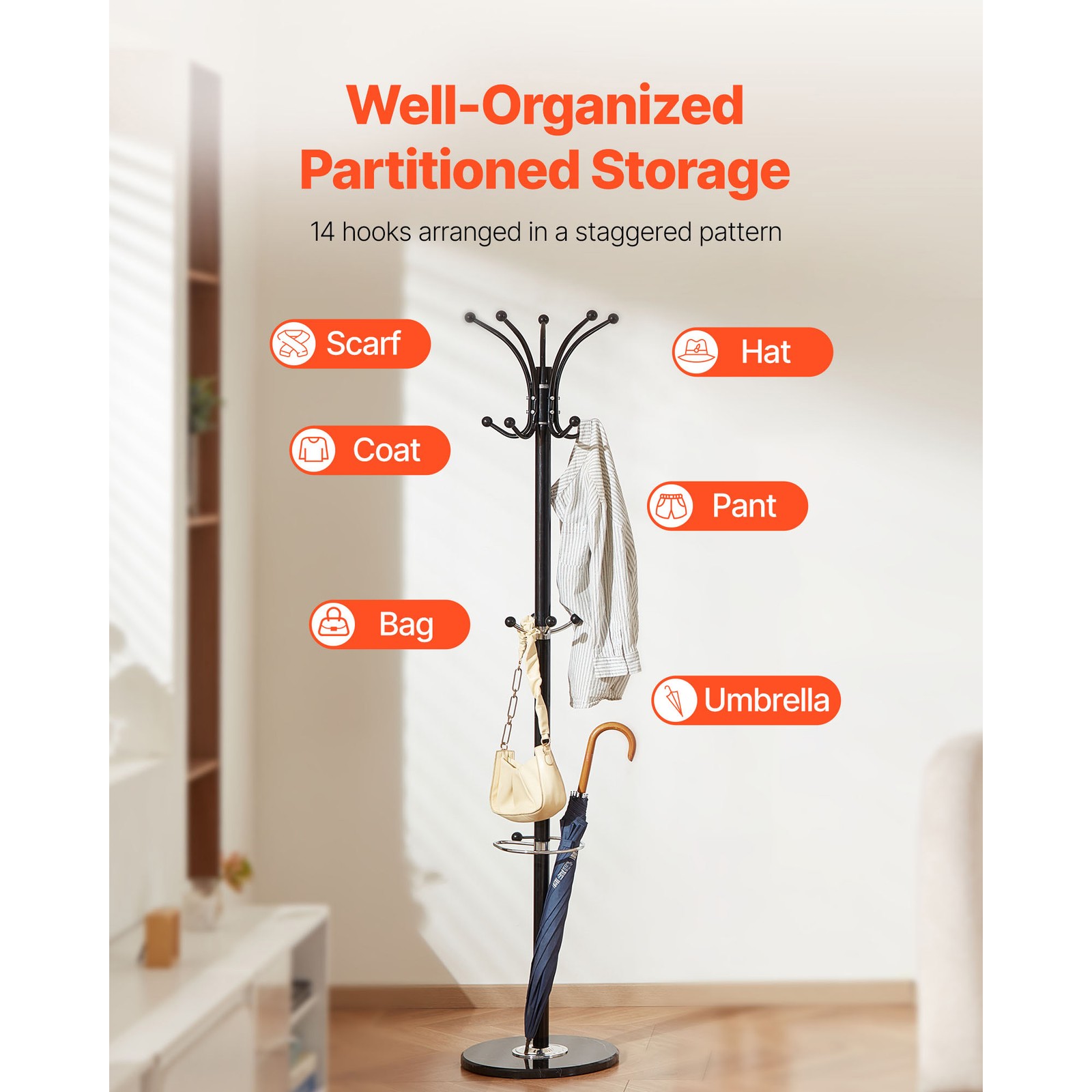 Freestanding Coat Rack Stable Marble Base with Umbrella Holder & 14 Hooks