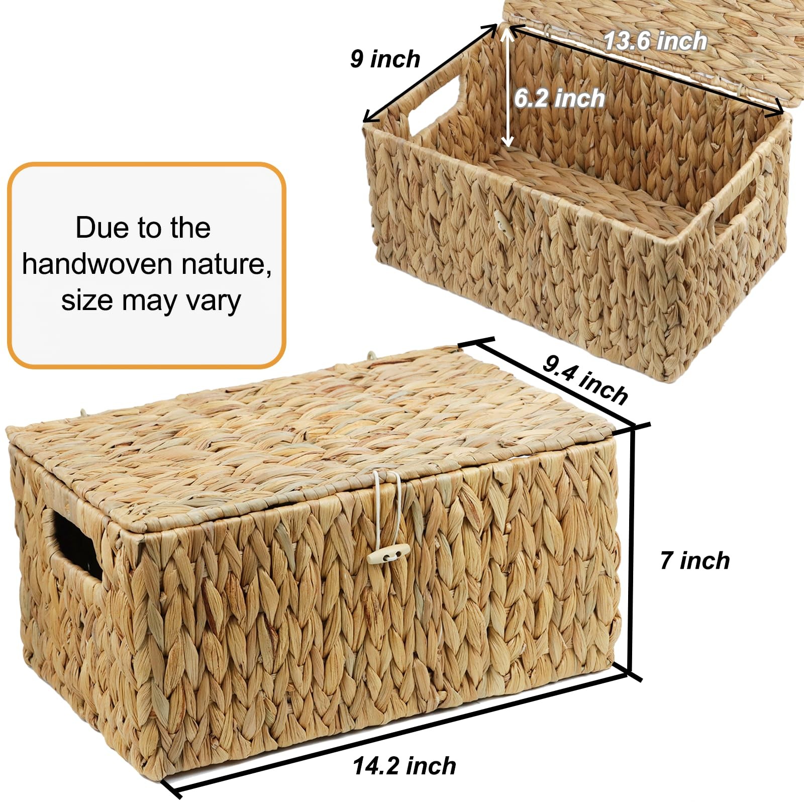 14.2×9.4×7 Inch Large Wicker Basket Lid Rectangular Water Hyacinth Storage
