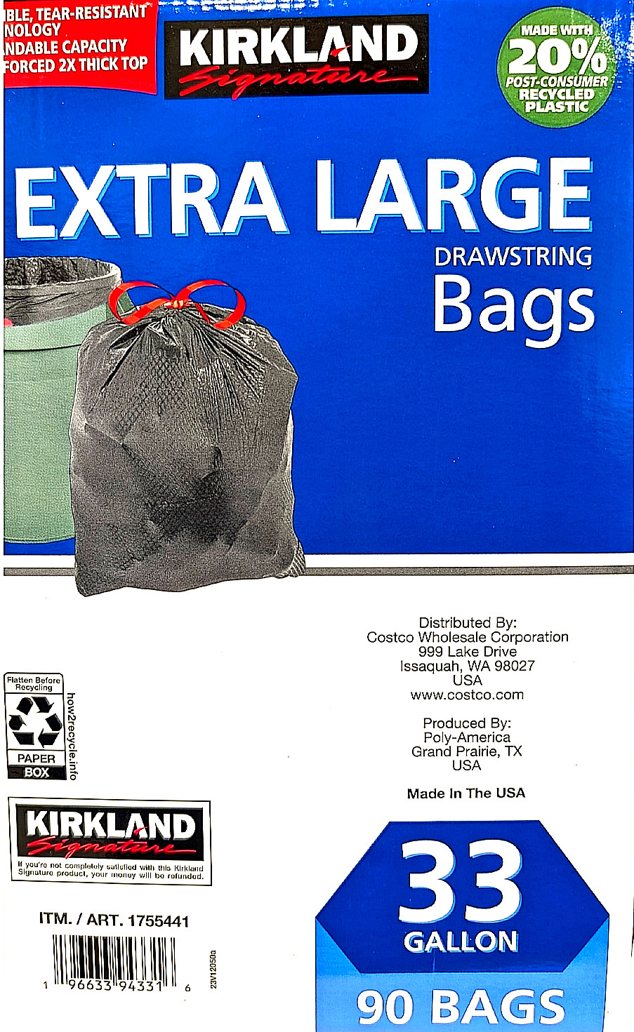 Kirkland Signature Flex-Tech Extra Large Drawstring Bags 33 Gal 90 Bags