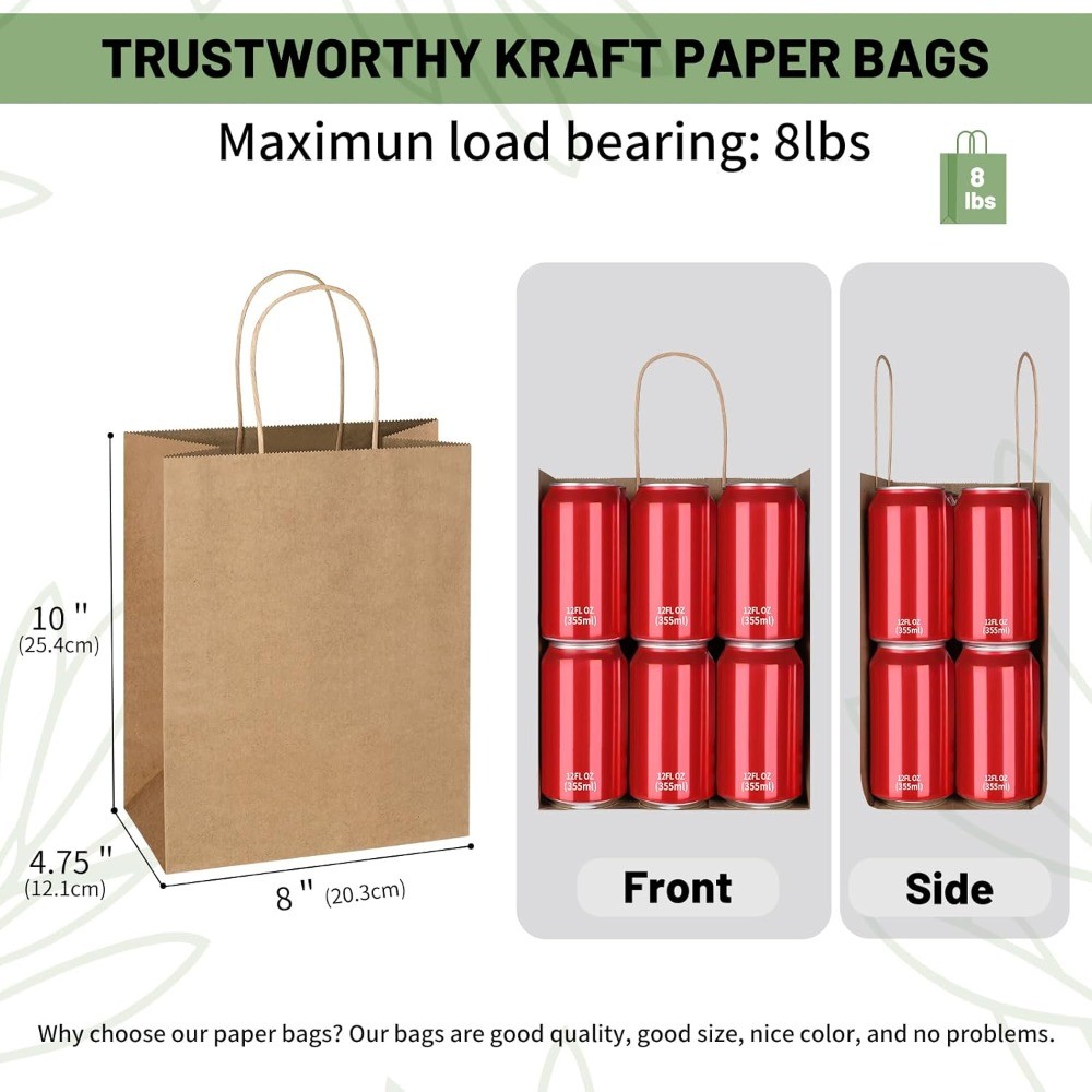 200 Pack Medium Brown Kraft Paper Gift Bags 8×4.75×10 Inch With Handles