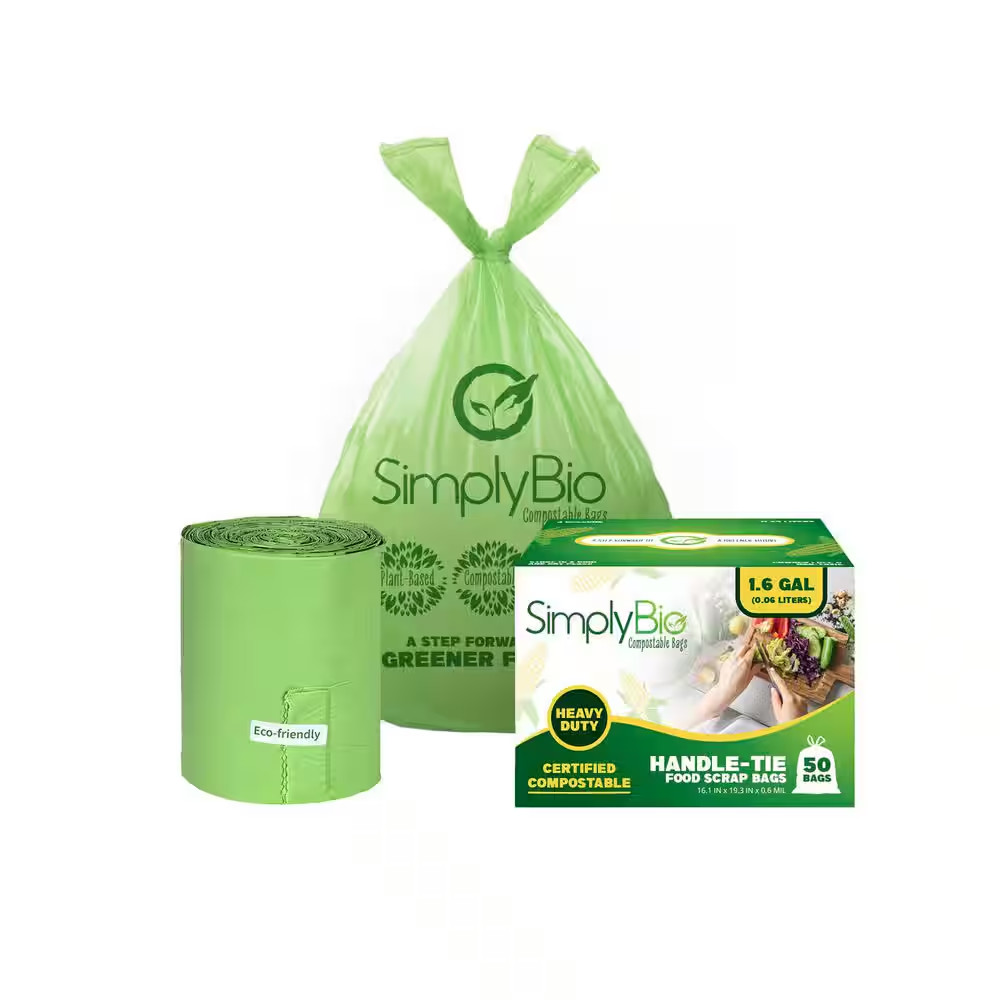 1.6 Gal. Compostable Trash Bags, Handle Tie, 0.67 Mil., Small Kitchen Food Scrap