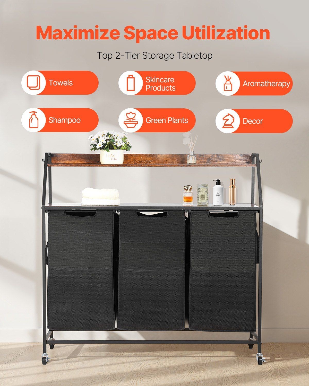 2-Tier 3-Section 600D Oxford Cloth Laundry Sorter with Metal Frame & Wooden Top