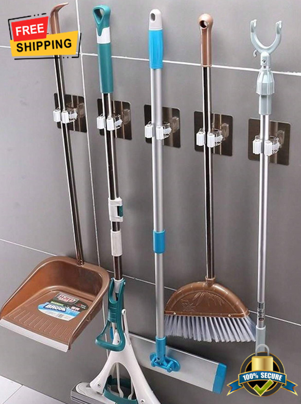 4pcs Wall Mounted Adhesive Mop Broom Clip Holder for Kitchen & Bathroom