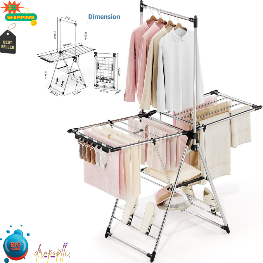 APEXCHASER Clothes Drying Rack with High Hanger, Foldable 3-Level Drying Rack