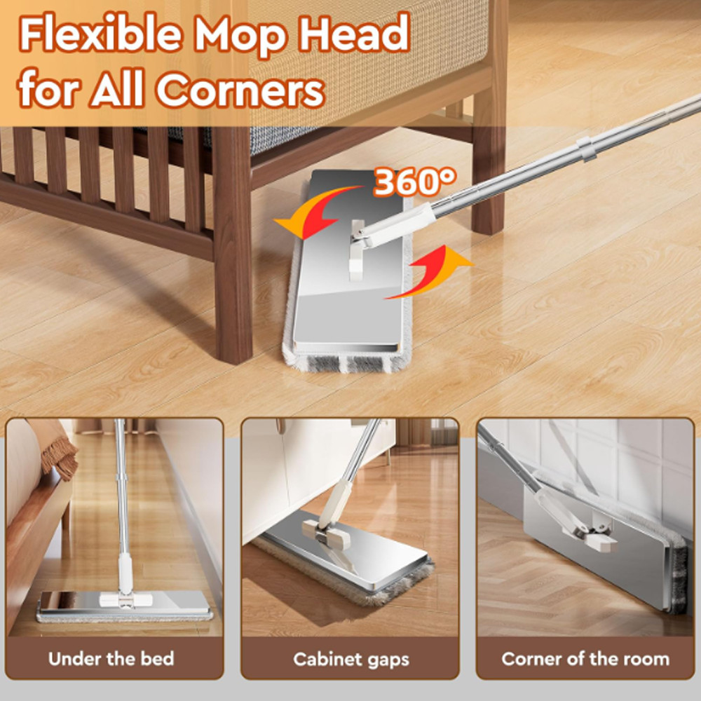 Stainless Steel Flat Mop Bucket Set Wringer 1/2/4/6 Pads Clean Dirty