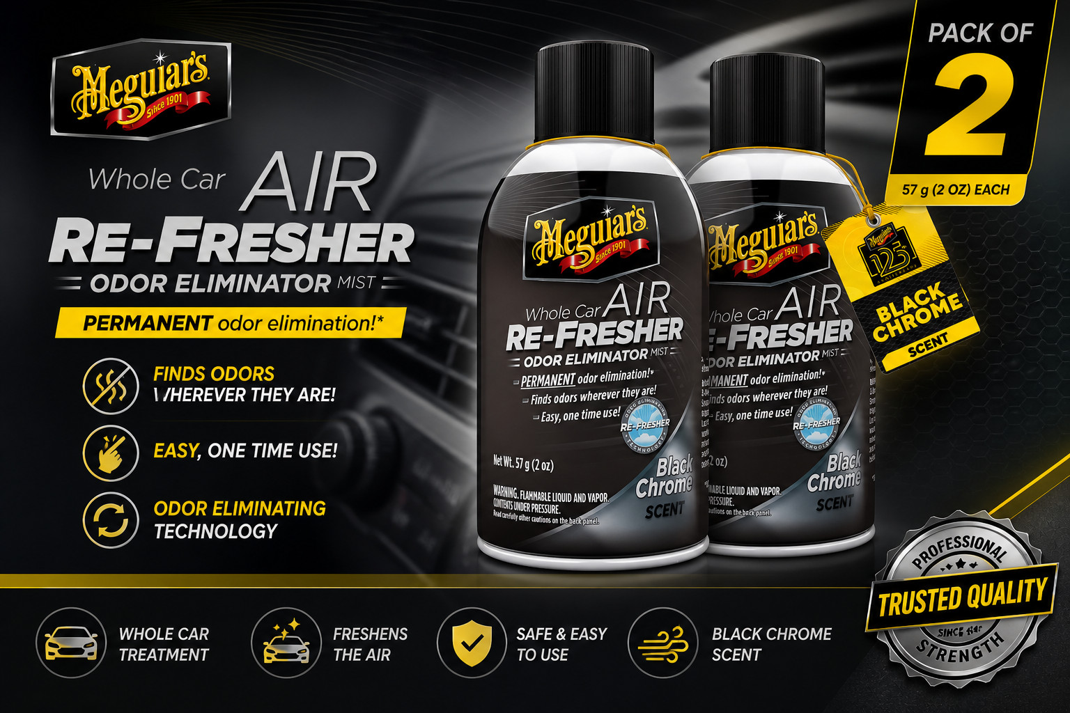 Meguiar’s G181302 Whole Car Air Re-fresher Odor Eliminator Mist, Black