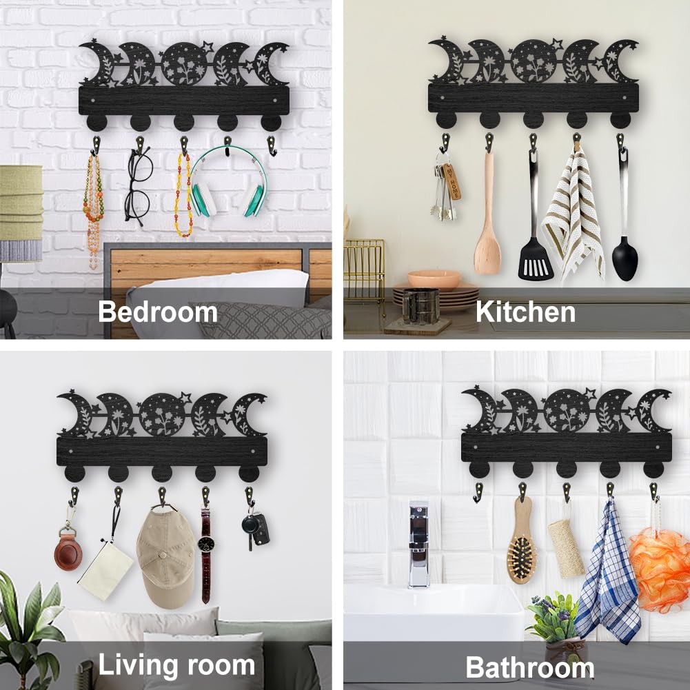Moon Phase Star Coat Rack Wall Mount Wooden Floral Moon Key Holder for Wall 1…