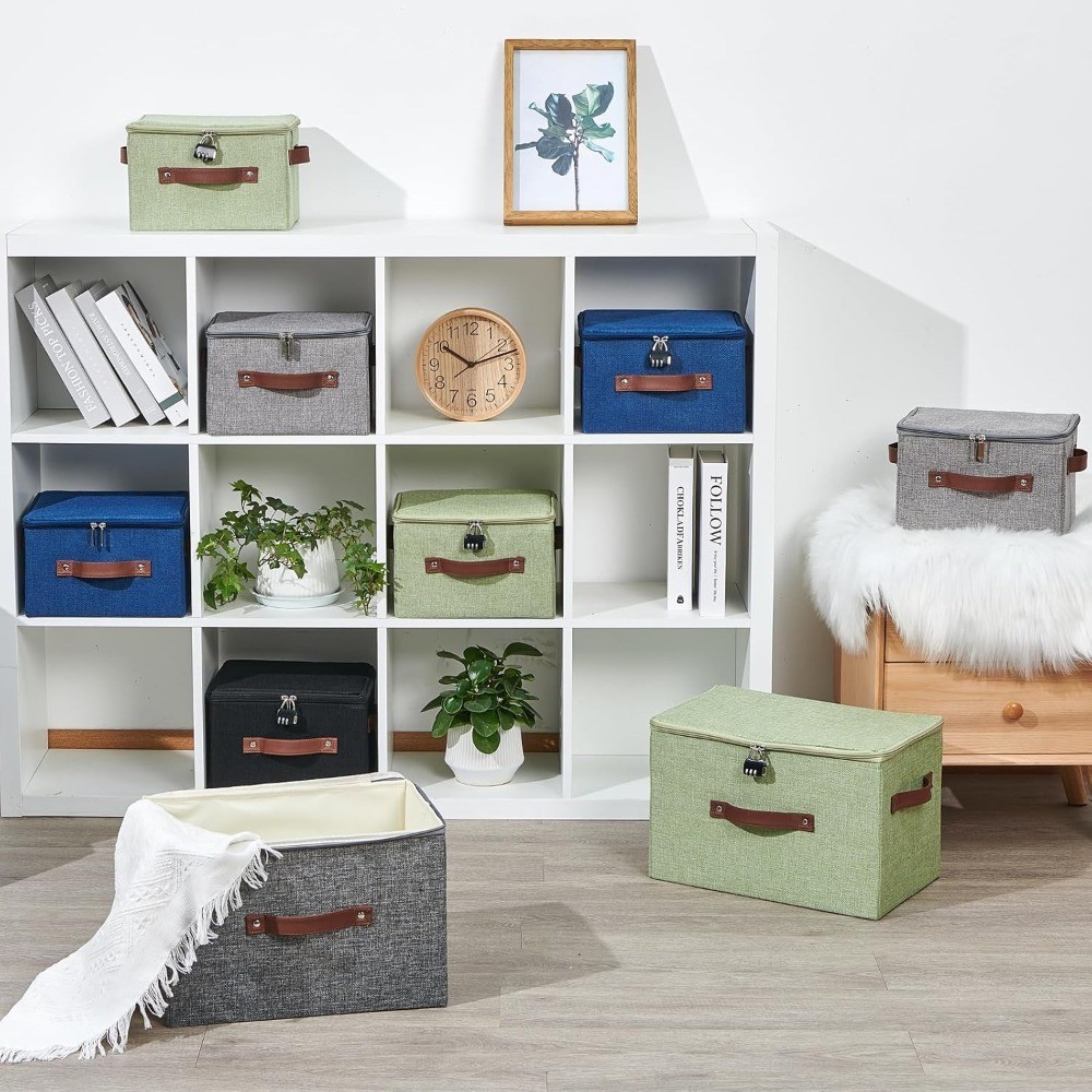 Storage Bins Boxes with Zipper Lid Combination Lock PU Leather Handles Cotton